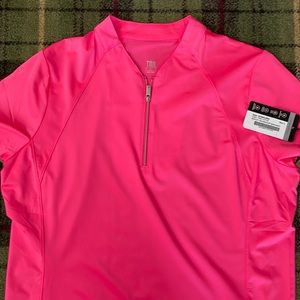 Quarter Zip Short Sleeve Top with Curved V-Funnel Neck Pink Lotus Belyn Key golf